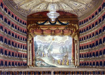 Interior of the Theatre de la Scala in Milan. Engraving prior to 1850