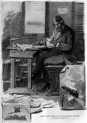 Invention of the Smith and Edison system for communication of running trains. Engraving in the journal of 