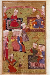 Islamic Art: banquet in the presence of the Sultan with musicians. Miniature of a 16th century manuscript