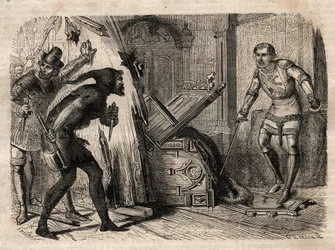 Jacob Van Artevelde (1290-1345) assassinated in 1345 - Jacques (Jacob) Van Artevelde (1287-1345), known as the Wise Man of Ghent, falls under the blows of the bourgeois of Ghent in 1345 - engraving in “Illustrious People
