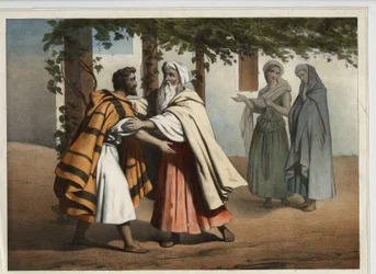 Jacob Fleeing the Vengeance of Esau His Brother Was Greeted by Laban. Anonymous Engraving of the 19th Century.