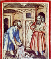 Jacob learns of the death of his son Joseph, sold by his brothers to the Egyptians (Miniature from Codex 212 or Bible of Padua, 1390-1400)