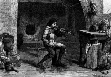 Jean Baptiste Lully (Giovanni Battista Lulli), child, playing violin in the kitchen of Mademoiselle de Montpensier. Engraving