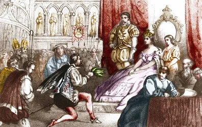 Jean Nicot Presenting the Tobacco Plant to Catherine de Medici and the Grand Prior of the House of Lorraine. 16th Century. Engraving of the 19th Century