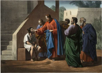 Jesus heals the man born blind (Anonymous engraving from the middle of the 19th century)