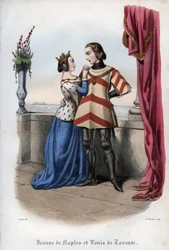 Joan I, Queen of Naples and Louis, Prince of Taranto. Engraving from 1842 in Histoire des popes by Maurice Lachatre. Private collection.