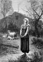 Joan of Arc hears her heavenly voices: the Archangel Saint Michael, Saint Catherine and Saint Margarita ordered her to go to France to help the king and assured him that God will help him. 19th century