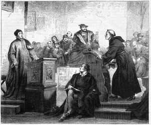 Johann Maier known as Johann Eck (1486-1543), German Catholic theologian and Martin Luther (1483-1546), German Protestant theologian and reformer in Pleissenburg in 1519
