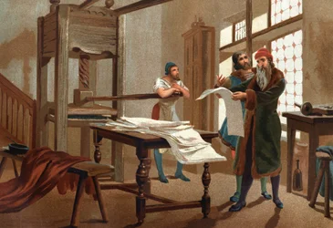 Portrait of Johannes Gutenberg (1400-1468), German printer, printing the first sheet of the Bible