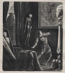 John Châtel (Chastel) (1575-1594), locked up by the Jesuits in the chamber of meditations - before his assassination attempt on King Henry IV of France on 27 December 1594. Engraving of 1879 in “Histoire des sociétés secrètes, politiques et religieuses”
