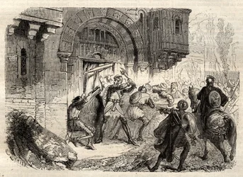 John II Comnenus, Byzantine emperor - The Emperor John II Comnene (1087-1143) at the head of the Greeks driving the door of his Palace in Constantinople - engraving in 