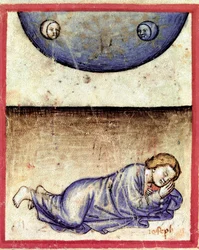 Joseph dreamt that the sun, the moon and eleven stars prostrate before him Miniature from codex 212 (or padovano codice or Bible of Padua)