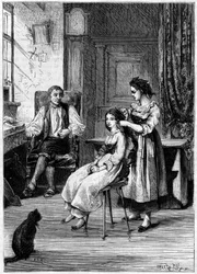 Josue Heilmann (1796-1848), a French inventor, observes his daughters comb their hair. He involved himself in this scene to create the mechanical comber in 1843. Engraving in La Nature: revue des sciences et de ses applications aux arts et a l