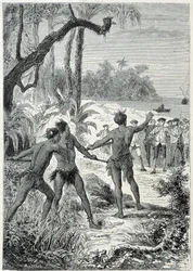 Journey of Captain James Cook (1728-1779) to New Guinea: The First Encounter with the Natives - Illustration from The Great Mariners of the 18th Century