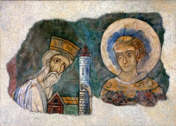 King Bozon offering the abbey of Charlieu to a saint, late 12th century