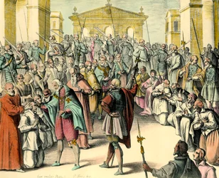King Henry IV touches the forehead of a sick person (Engraving from a draft by Andre du Laurens)