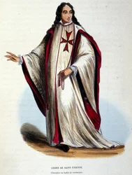 Knight of the Order of St. Stephen in ceremonial dress. Military and religious order created by the Grand Duke of Tuscany in 1561. Engraving of the 19th century.