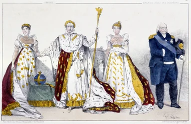 The Empire and the Bourbons: Josephine de Beauharnais and Napoleon I Bonaparte, Marie Josephine de Savoie and Louis XVIII - Plate from Kings and Queens of France in Prints, Paris, ed. Swift