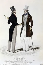 La Mode du 26 juillet 1834: sheet suit - trousers casimir - Redingote with velvet collar - vest of piqué - trousers taupe skin and top hat
