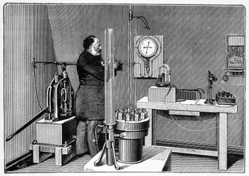 Laboratory installed at ground level in the west pillar of the Eiffel Tower - engraving