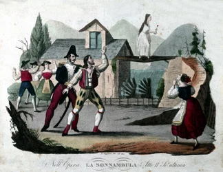 Last scene of Act II of “La Sonnambula” by Vincenzo Bellini. Engraving from 1835