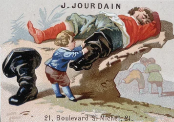 Le Petite Poucet removes its seven-leagues boots with the sleeping ogre - Advertising label Jourdain