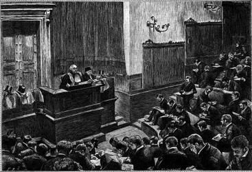 The Grand Amphitheatre of the School of Law of Paris. Engraving in the Journal La Jeunesse