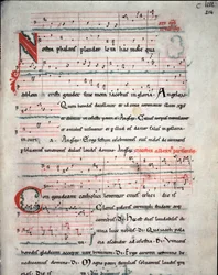 Leaflet of a pilgrim guide with lyrics of the pilgrimage of Santiago de Compostela. Fol. 214 r. From a 13th century manuscript. Archive of the Cathedral of Santiago de Compostela, Spain
