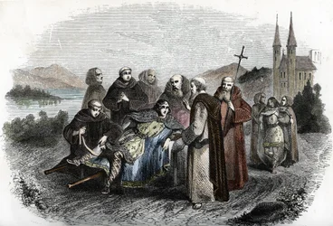 Legend of the Énervés of Jumièges: the two sons of Merovingian king Clovis II, punished for revolting against their father, are taken in by the monks of the Abbey of Jumièges, near Rouen, approximately 660