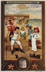 Leibig card depicting French children on the beach 1890