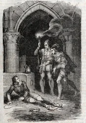 Leon (Leone) delivers Roger (Ruggero, Ruggiero) - engraving of 1851 from Roland furieux (Orlando furioso) (16th century) by Ludovico Ariosto, known as the Ariosta - Edition translated from Italian by the Count of Tressan and published by Gustave Harvard