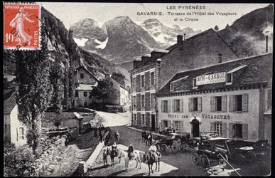 The Pyrenees, Gavarnie: terrace of the Hotel des Voyageurs and the circus - postcard, late 19th century