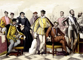 Les Valois - From 1547 to 1589. Henry II, Catherine de Medici (Caterina de Medici), Charles IX, Henry III, Henry IV. Engraving of the 19th Century.