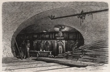 Les egouts de Paris: bend of the pipe near the Saint Michel bridge, place du Chatelet - Engraving in 