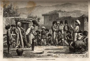 Lesghinska, a national dance throughout the Caucasus, which consists of very difficult and very eccentric steps that the dancer performs in rhythm with animated but uniform music. It is the same for men and women who form separate groups without ever mixin