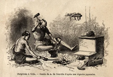 Blacksmiths in front of their forge in Yedo (or Edo, imperial capital, present-day Tokyo). Engraving to illustrate the voyage to Japan, in 1863-1864, by Aime Humbert, minister of the Swiss Confederation, in Le tour du monde, nouveau journal des voyages