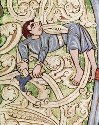 Lettrine C decorated with the representation of a woodman. Miniature from a Bible (Old Testament) (Ms 3088) 12th century Coimbra, University Library
