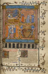 Life of Julius Caesar: Four Miniatures Showing His Birth, Divorce, Pontificate and Fight with Pompey; Text with Decorated Initials and Border with Birds and Grotesques