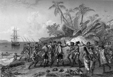 Louis Antoine Comte de Bougainville, French navigator (1729-1811), approaching the islands of the Marquises in Tahiti, April 6