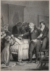 Louis XVIII at the deathbed of the Duke of Berry - The last moments of the Duke of Berry on 13 February 1820 (1778 - 1820) at the opera of Paris surrounded by Louis XVIII and the royal family - engraving in 