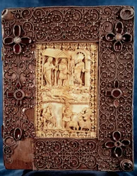 Lower dish of the Psalter by Charles the Bald (Charles II): ivory miniature depicting Nathan came to kill the child, one of the adulterous relationship of the king of Israel David and Bathsheba