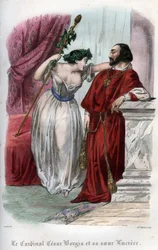 Lucrece Borgia (1480-1519) with her brother Cesar Borgia. Engraving from 1842 in 