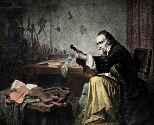 Luthier Stradivarius (Antonio Stradivari) in his workshop. Engraving by Hammann
