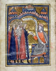 MS. Marlay. Add.1.f2b De Re Militari, Vegitius Receiving the Young Prince Edward (1239-1307) and His Companions