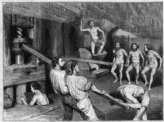 Macaroni Factory in Naples: Use of a Screw Mill to Prepare the Paste which is then Kneaded with the Feet. Engraving in “The Illustrious Universe”
