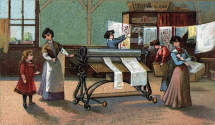 Machine ironator. Chromolithography from the end of the 19th century.