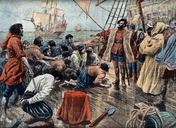 Magellan calming a sedition of his crew on San Julian in 1520 (engraving)