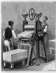Making cards to play by old methods. Cylinder of playing cards. Engraving from 1893