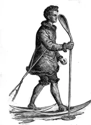 Man in traditional Khanty costume hunting ermine