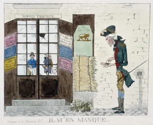 Man without penny in front of the catering shop - engraving